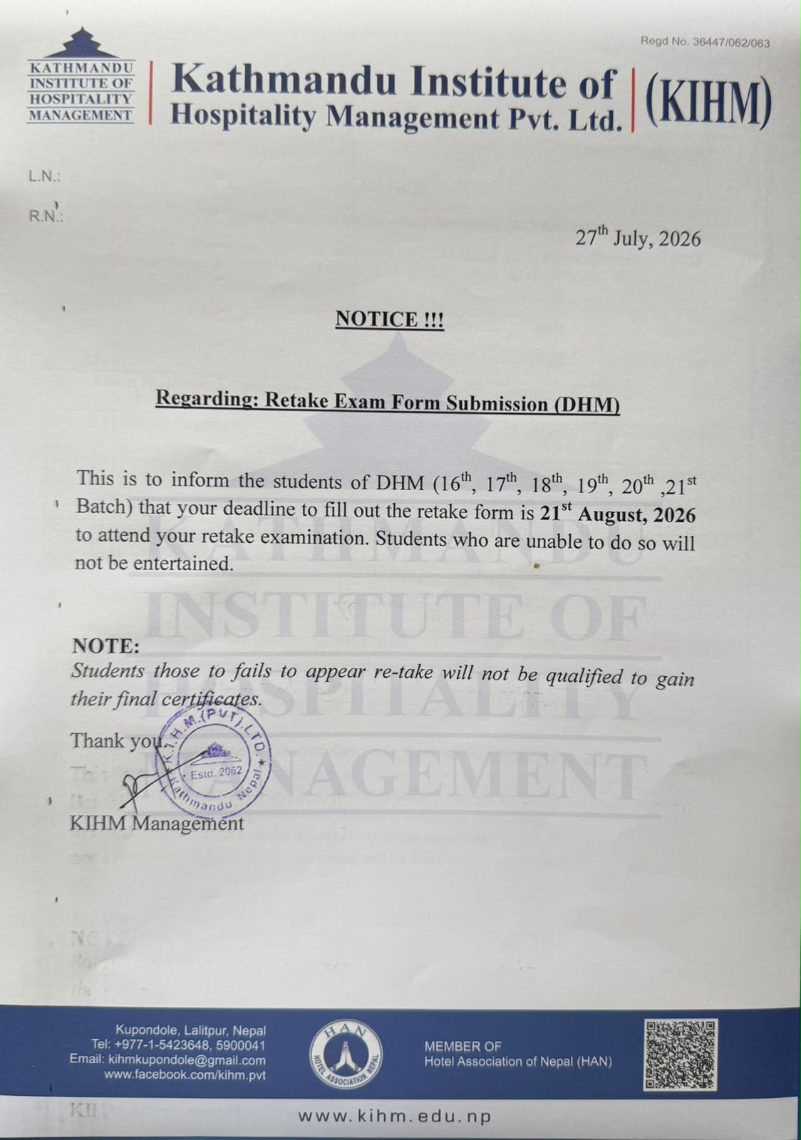 Retake notice